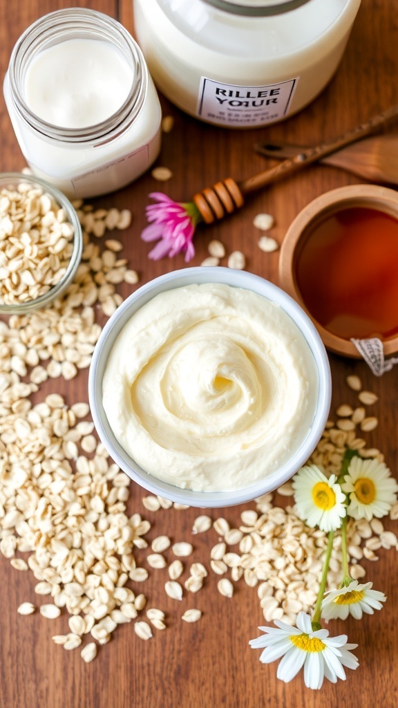 A bowl of oat hair mask with oats and honey on a wooden surface.